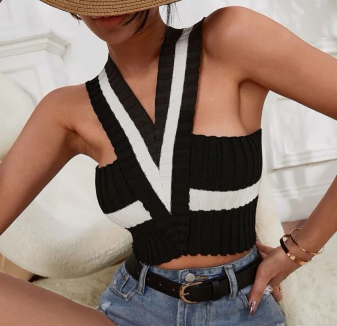 Crisscross Back Halter Knit Top