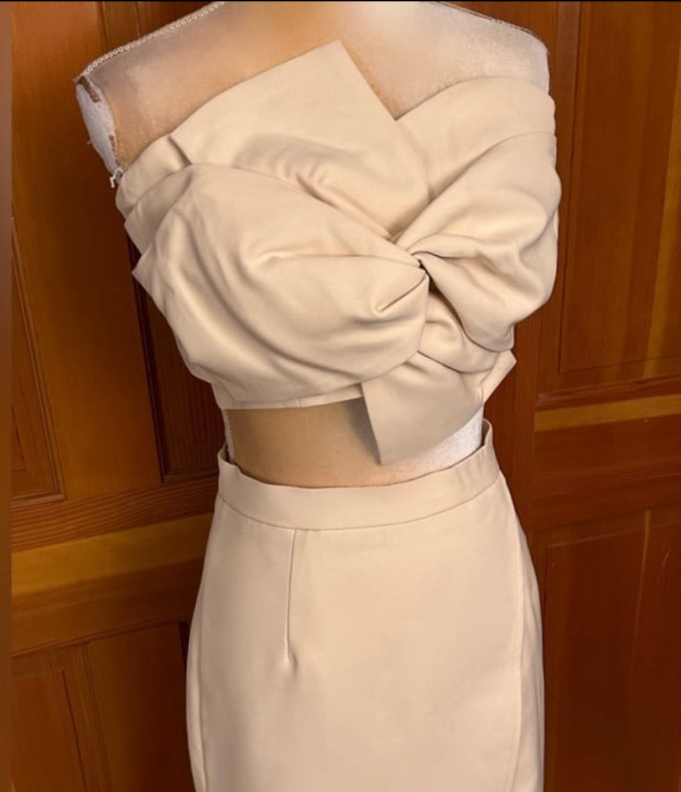 Two Piece Strapless Champagne Colored Dress with Bowknot Split