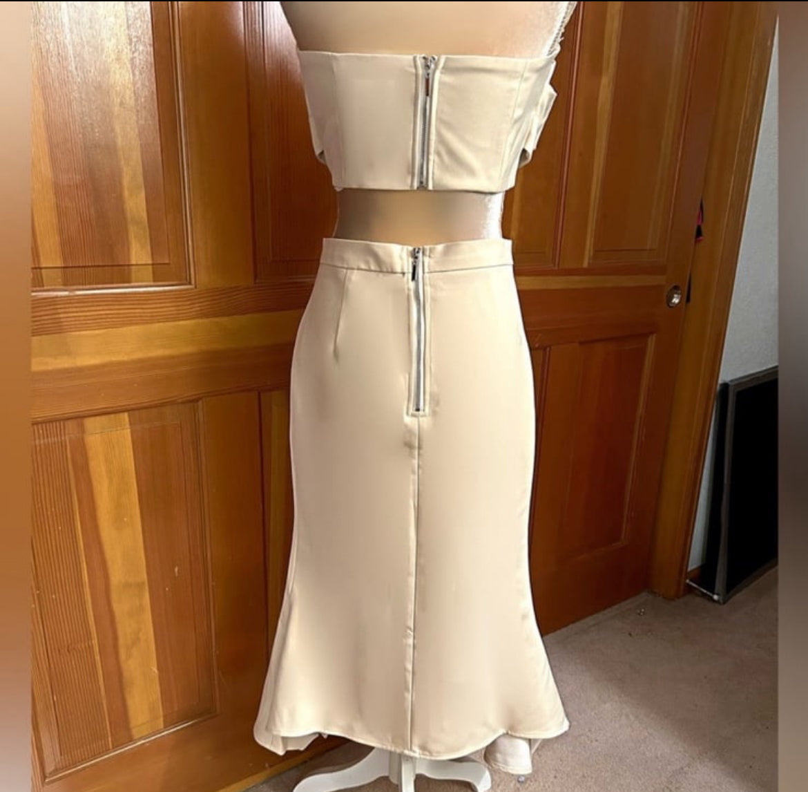 Two Piece Strapless Champagne Colored Dress with Bowknot Split