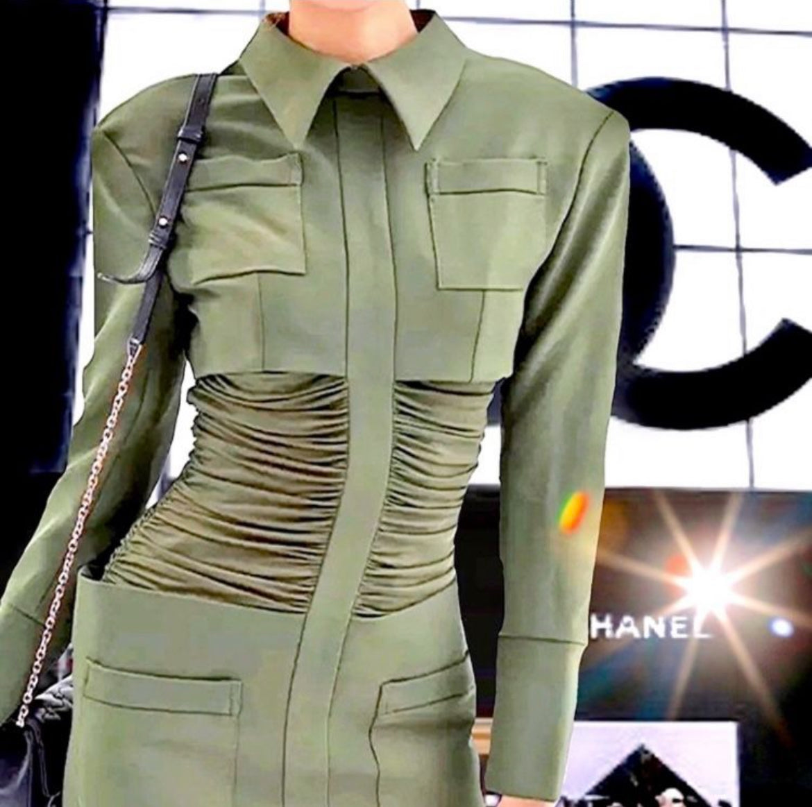 Rouched Designer Army Cape Mini Dress.