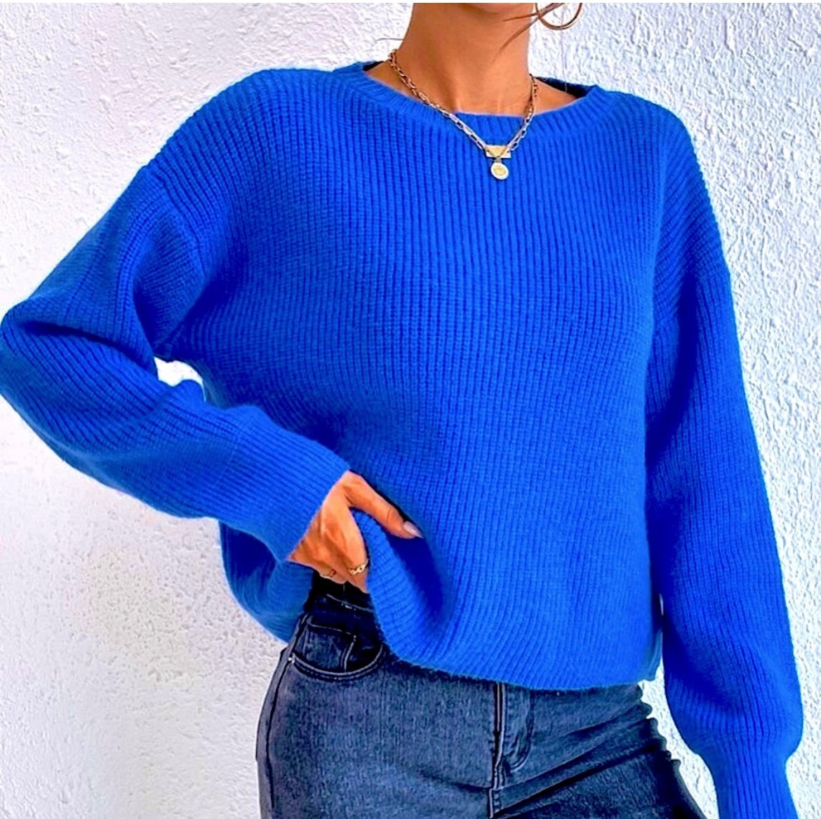 Royal Blue Drop Shoulder Ribbed knit Sweater