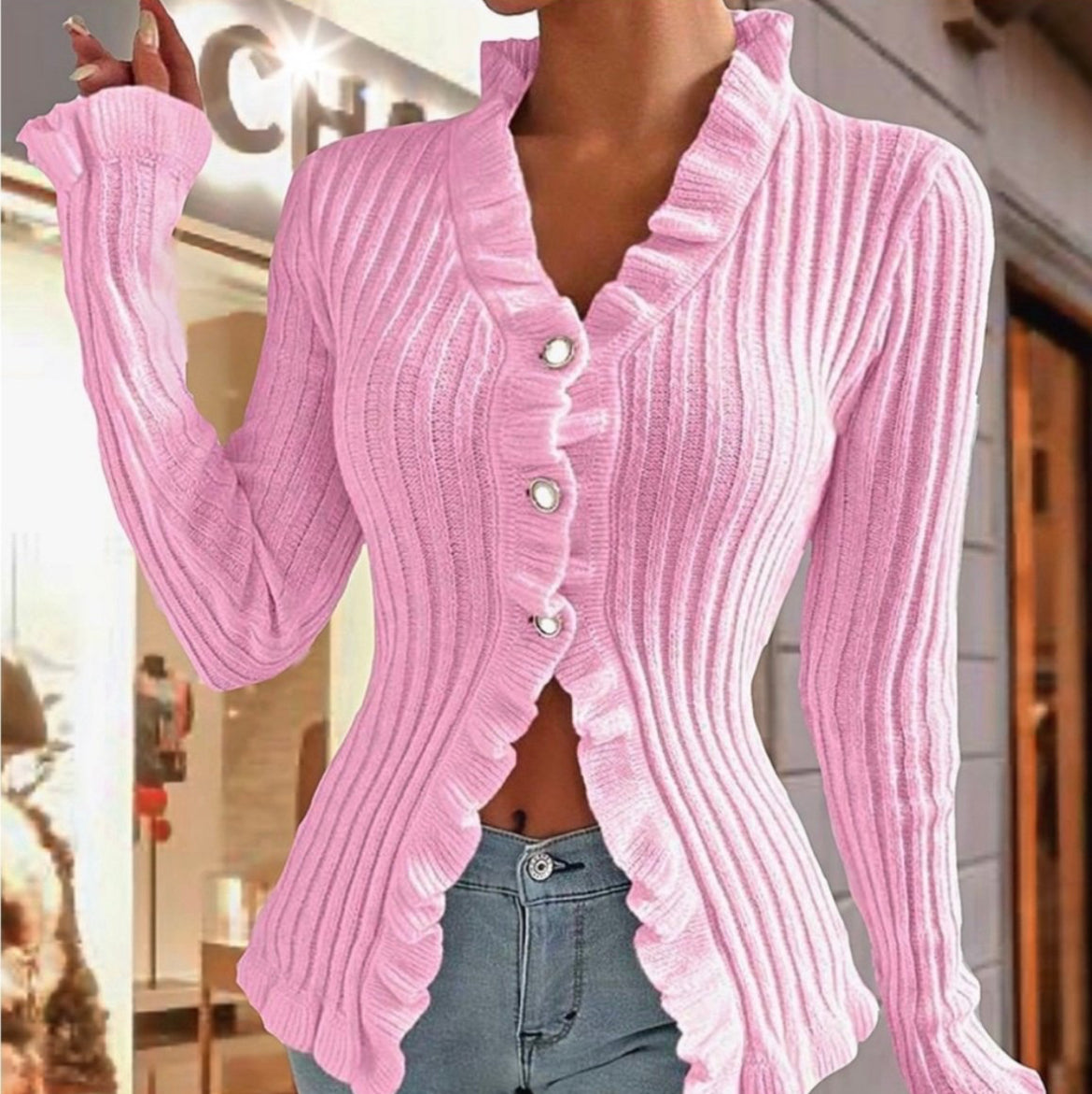 Ruffle Trim Baby Pink Button Up Sweater.