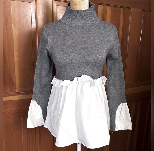 2 in 1 Layered Gray Look Crop Turtle Neck & Asymmetric Shirt.