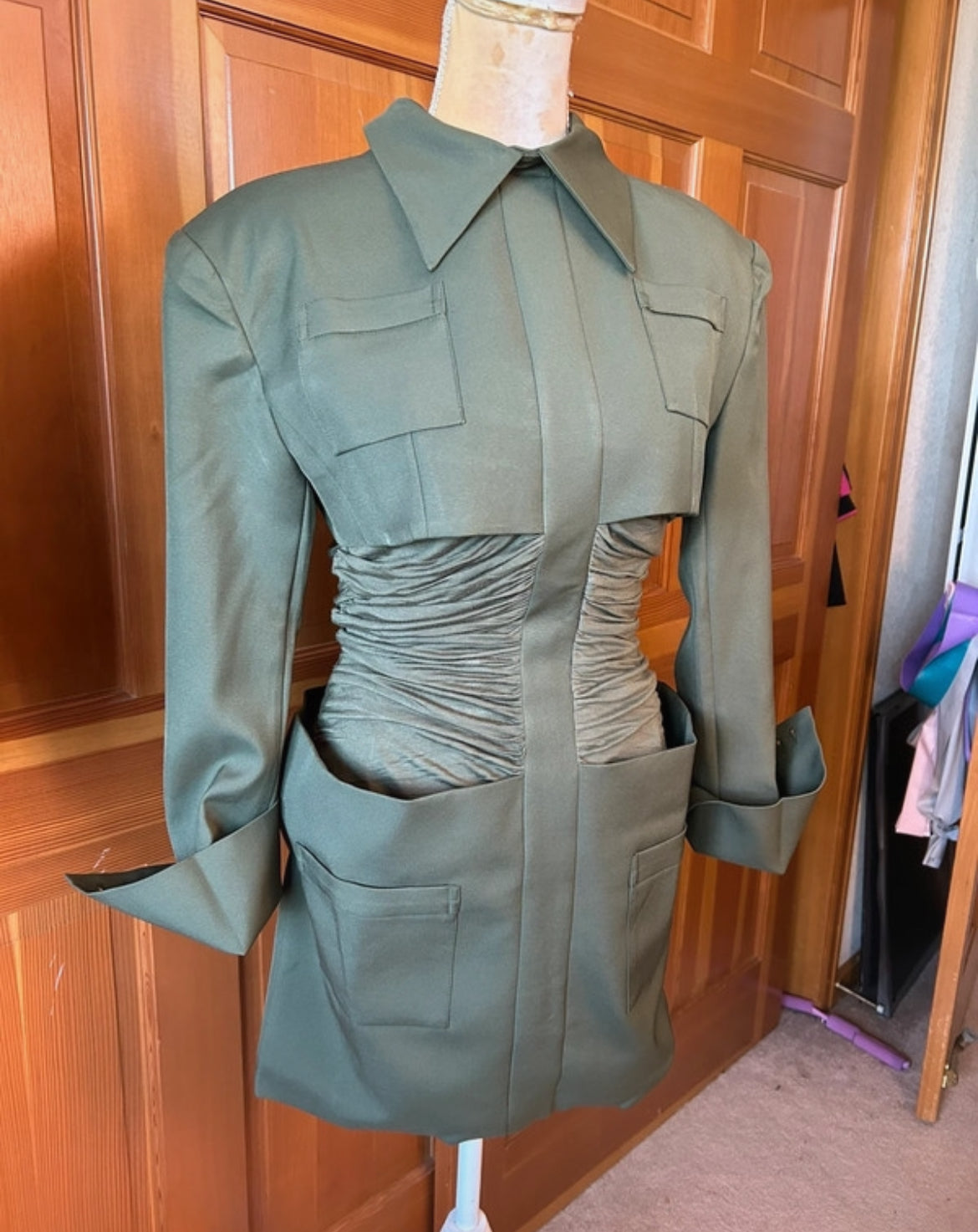 Rouched Designer Army Cape Mini Dress.