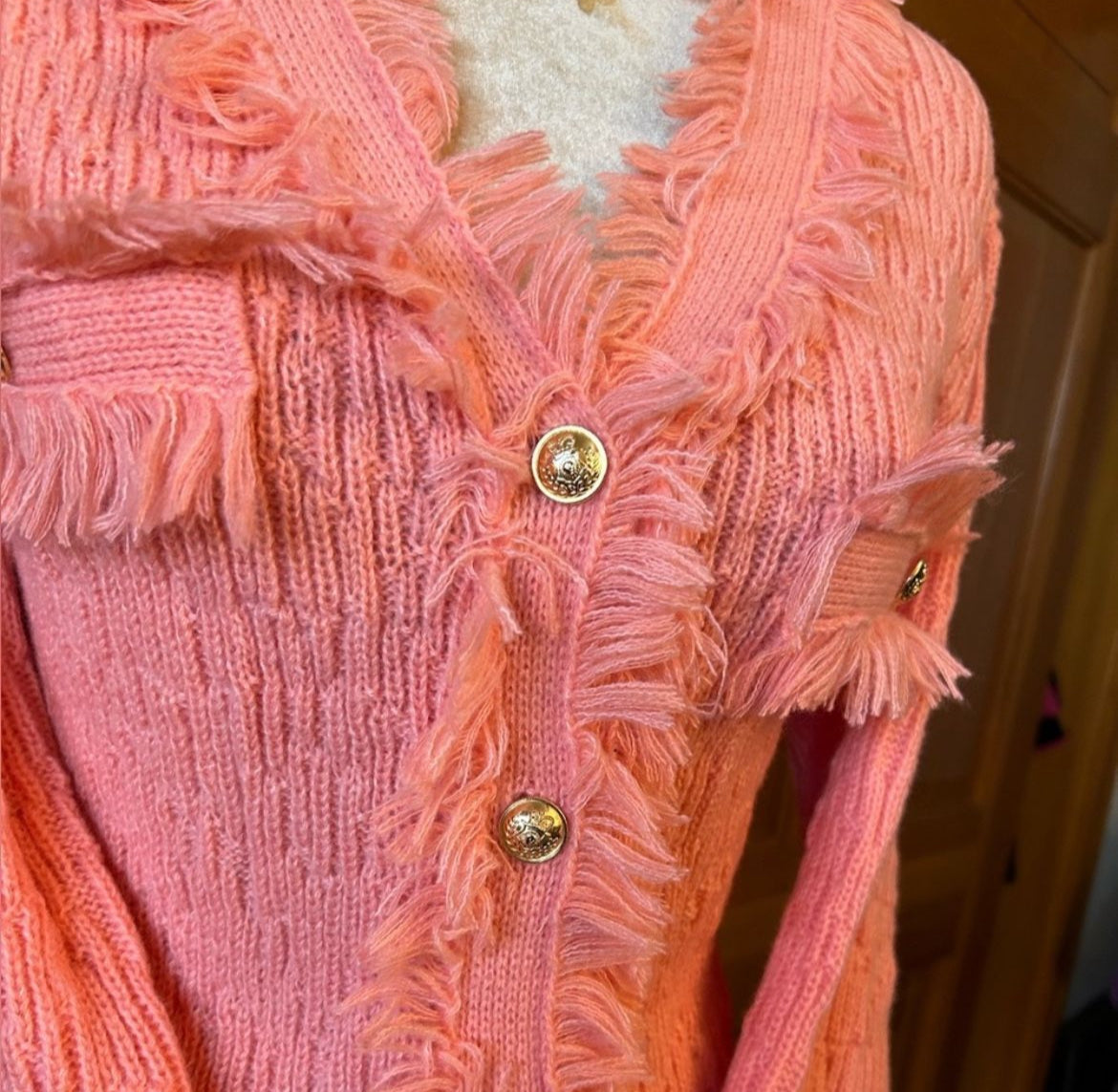 Coral Fringed Button Up Cardigan.