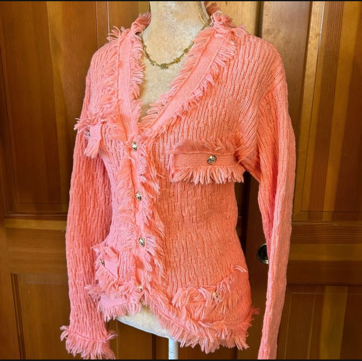 Coral Fringed Button Up Cardigan.