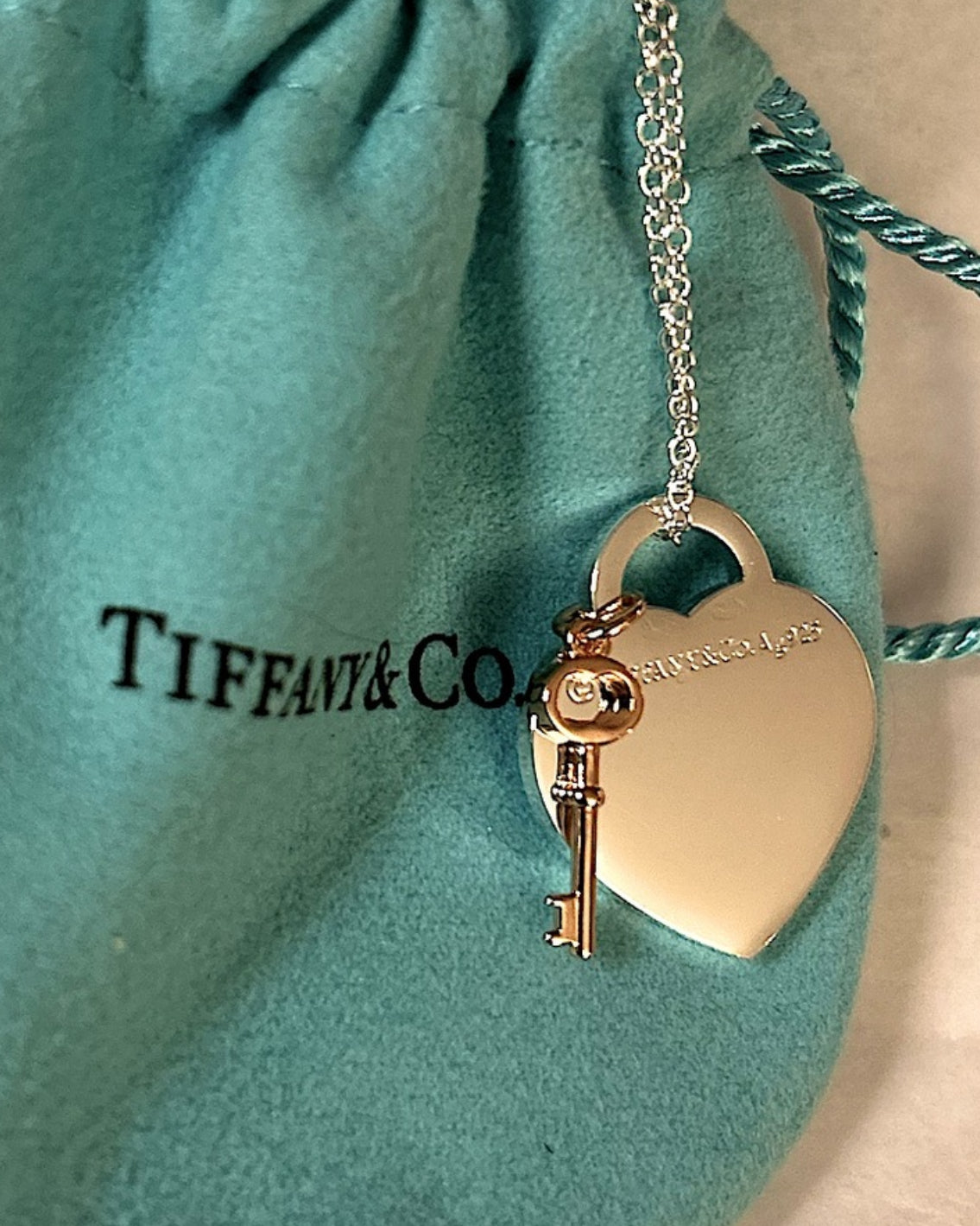 925 Silver and Rose-gold Heart Key Pendant Necklace