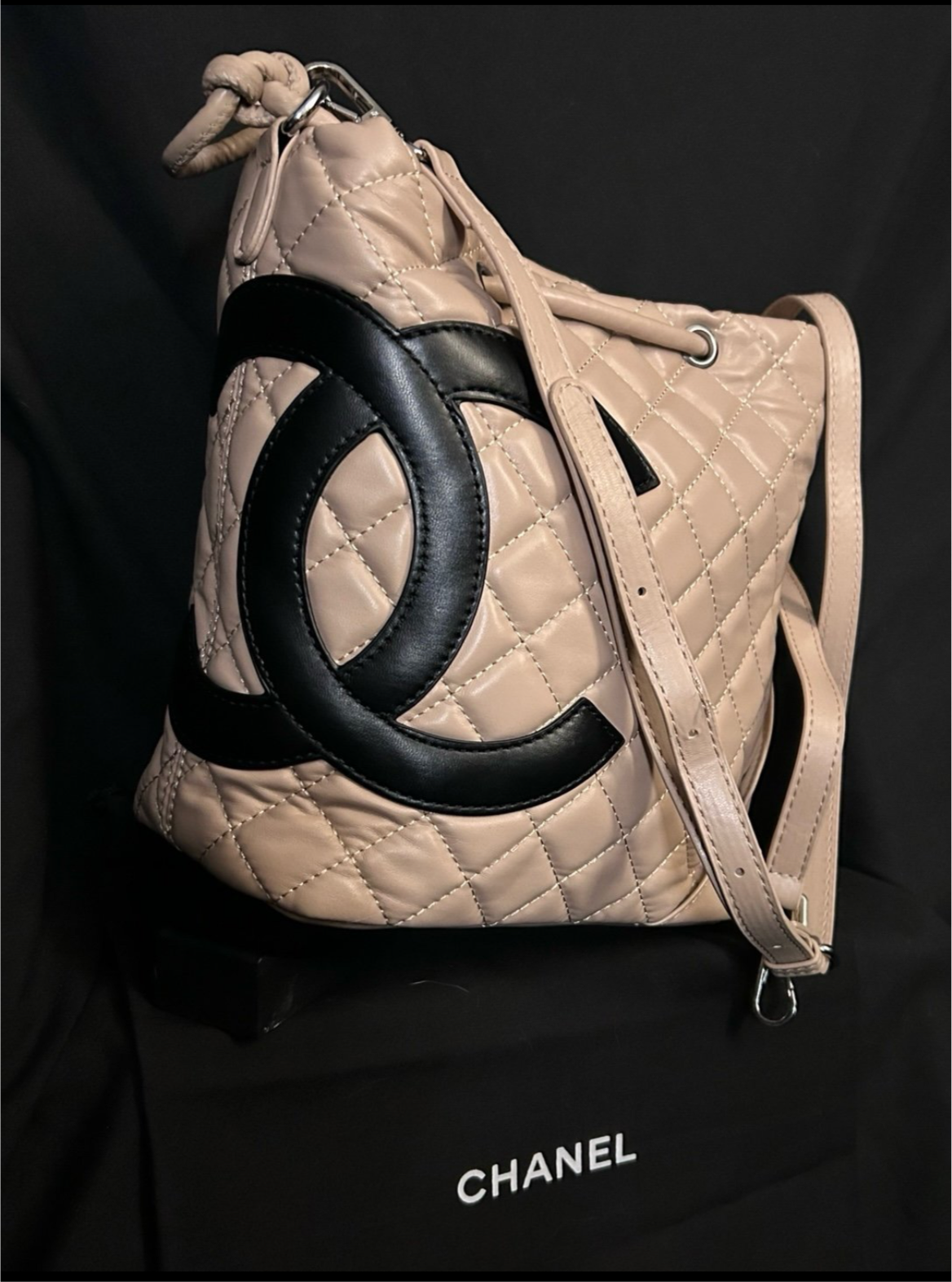 Beige Leather CC Logo Shoulder Bag/ Tote