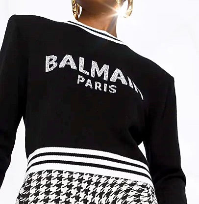 Black and White Intarsia-Knit Logo Jumper.