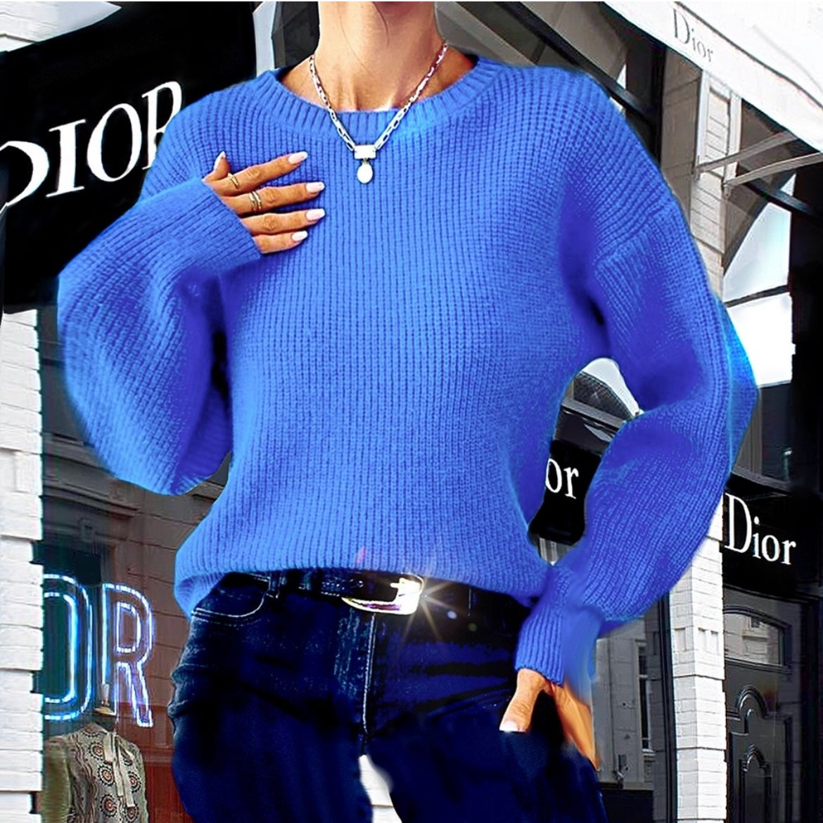 Royal Blue Drop Shoulder Ribbed knit Sweater