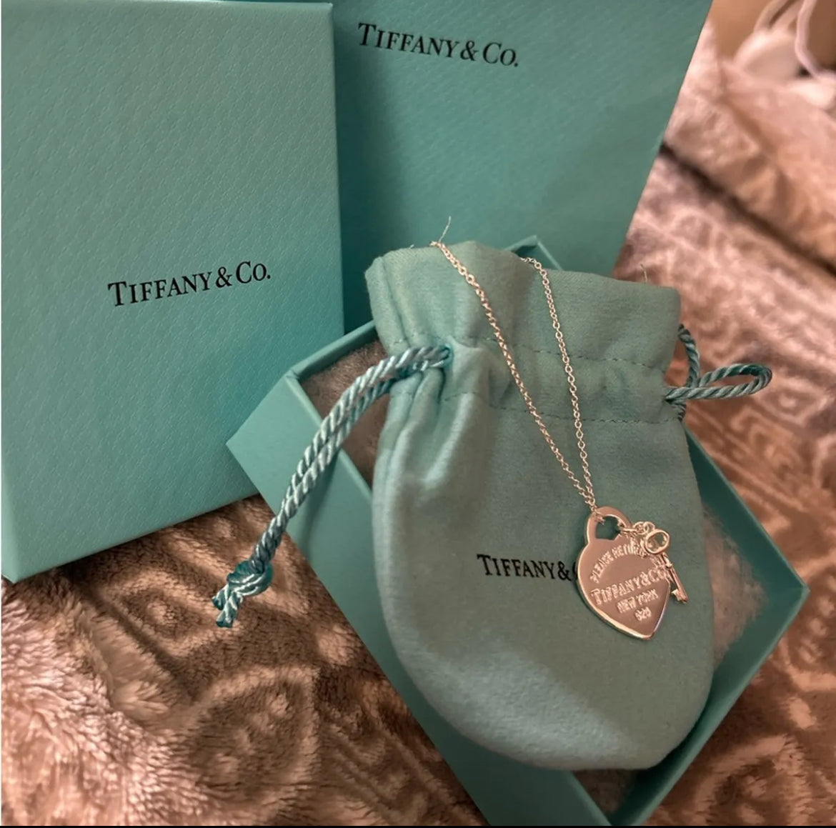Silver Heart Stamped Pendant and Key Necklace