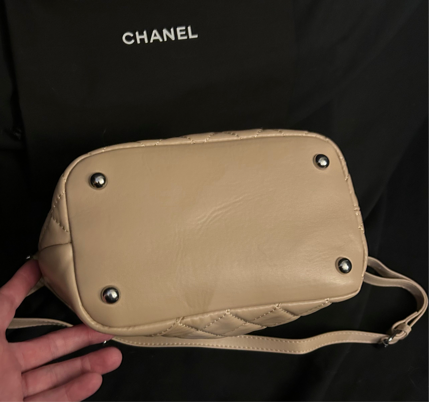 Beige Leather CC Logo Shoulder Bag/ Tote