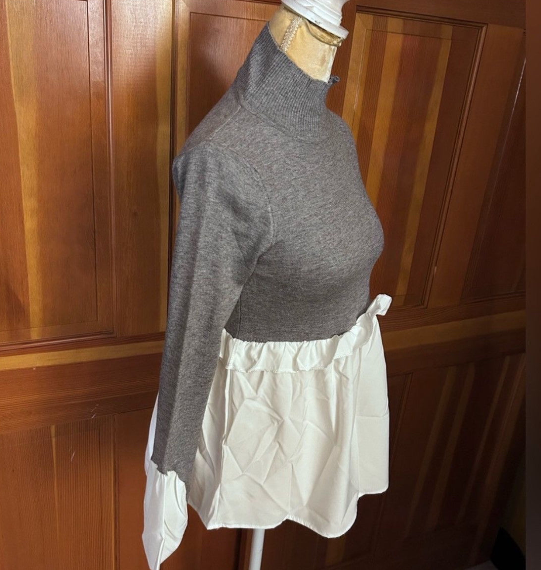 2 in 1 Layered Gray Look Crop Turtle Neck & Asymmetric Shirt.