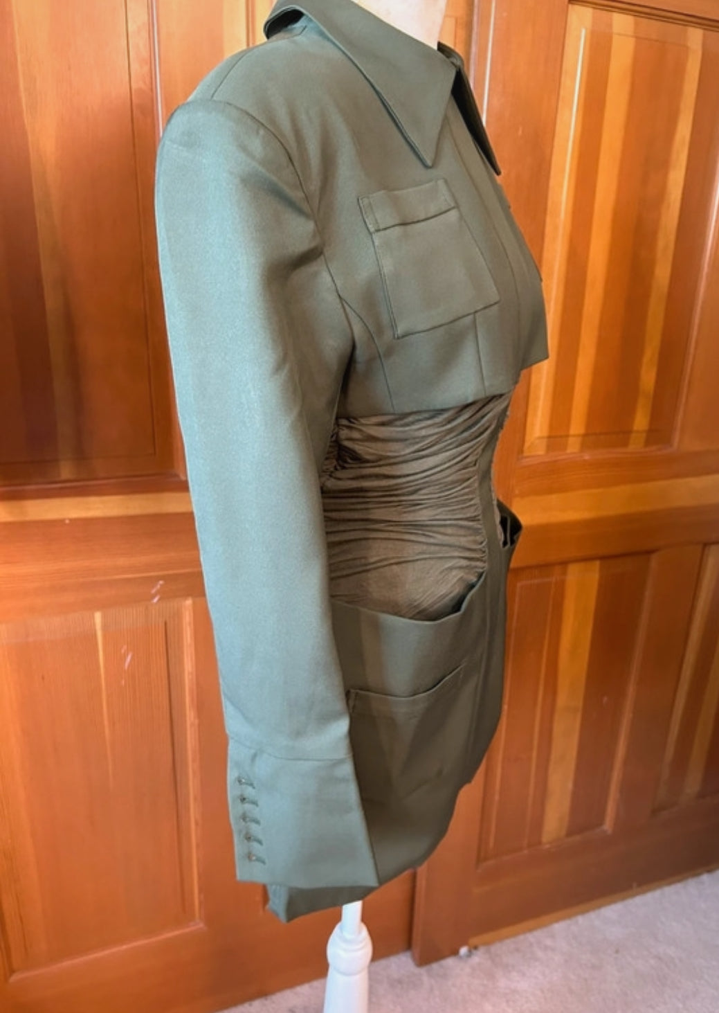 Rouched Designer Army Cape Mini Dress.