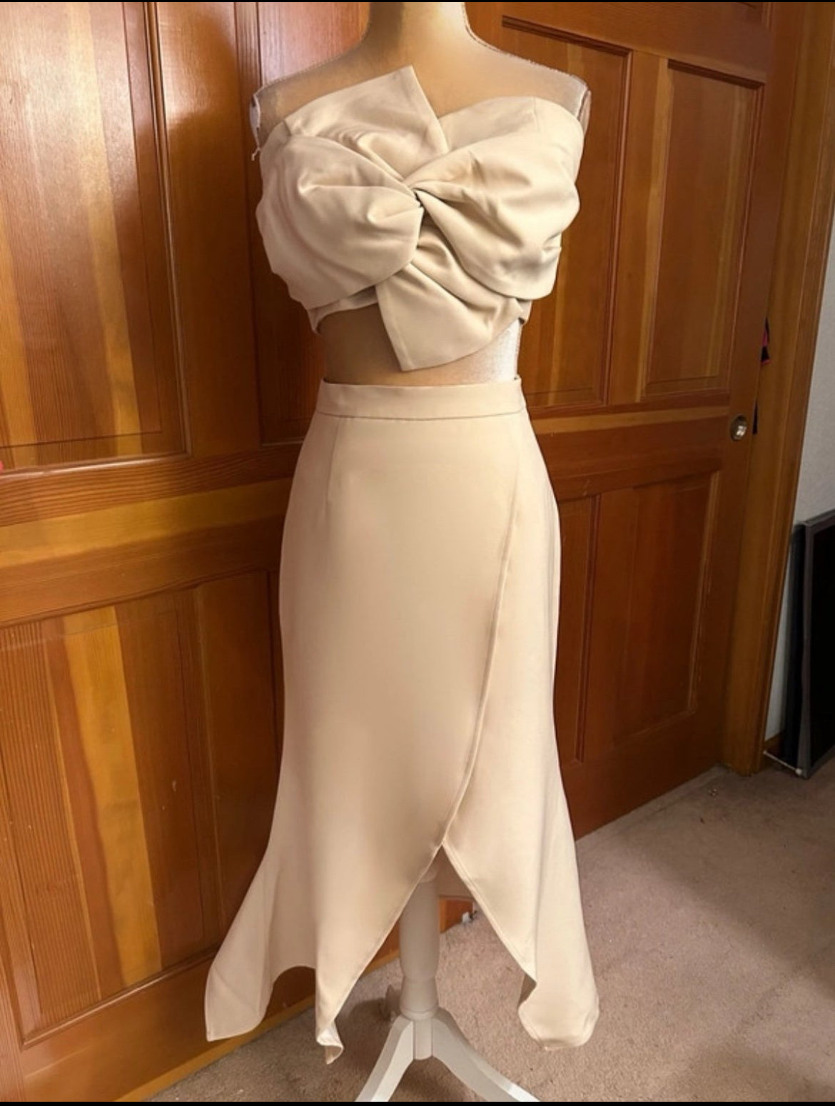 Two Piece Strapless Champagne Colored Dress with Bowknot Split