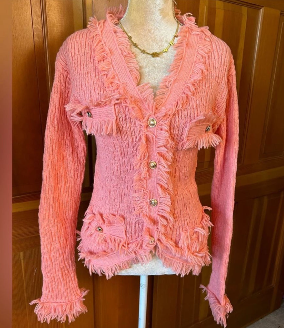 Coral Fringed Button Up Cardigan.