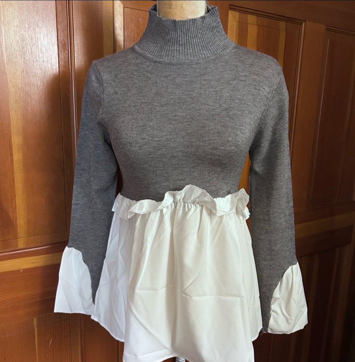 2 in 1 Layered Gray Look Crop Turtle Neck & Asymmetric Shirt.