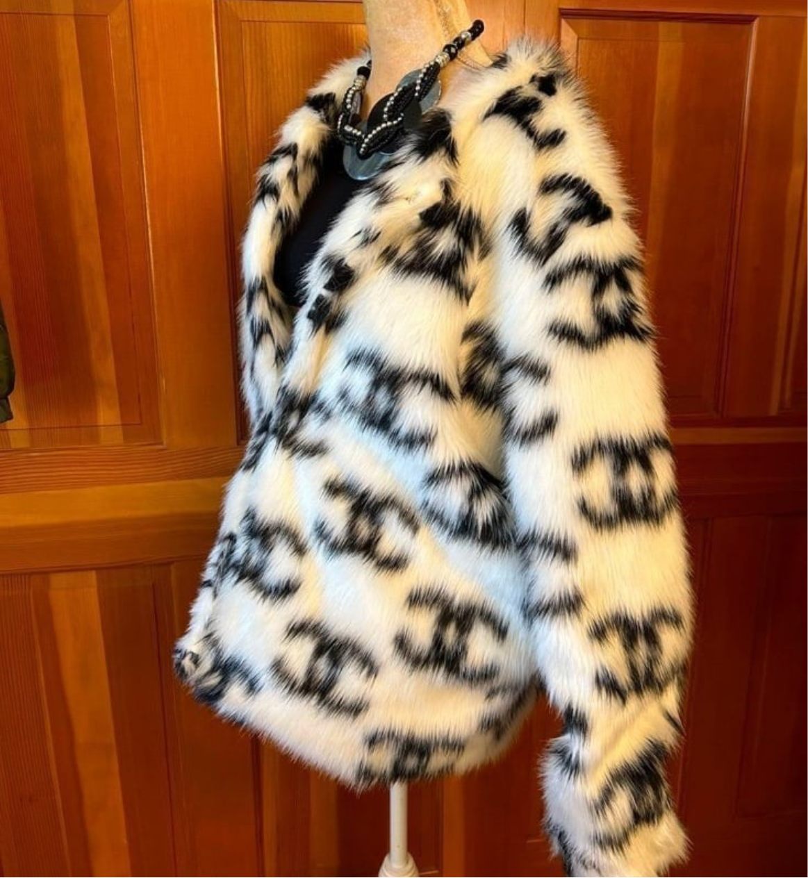 CC Salomon White and Black Faux Fur Designer Coat.