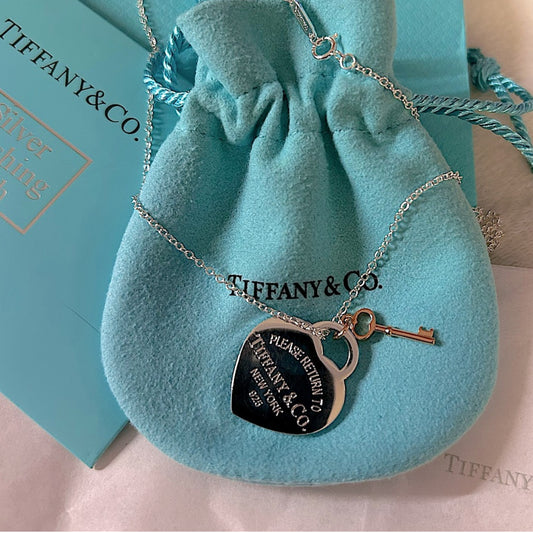 925 Silver and Rose-gold Heart Key Pendant Necklace