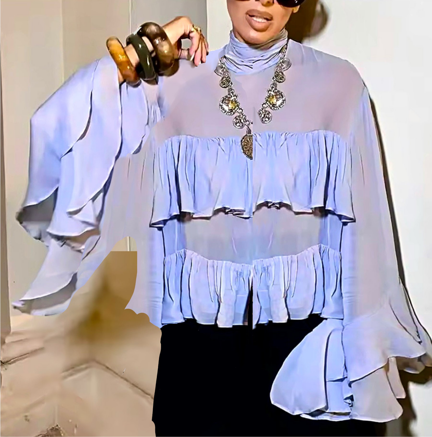 Chiffon Blue Exaggerated Ruffle Layer Blouse