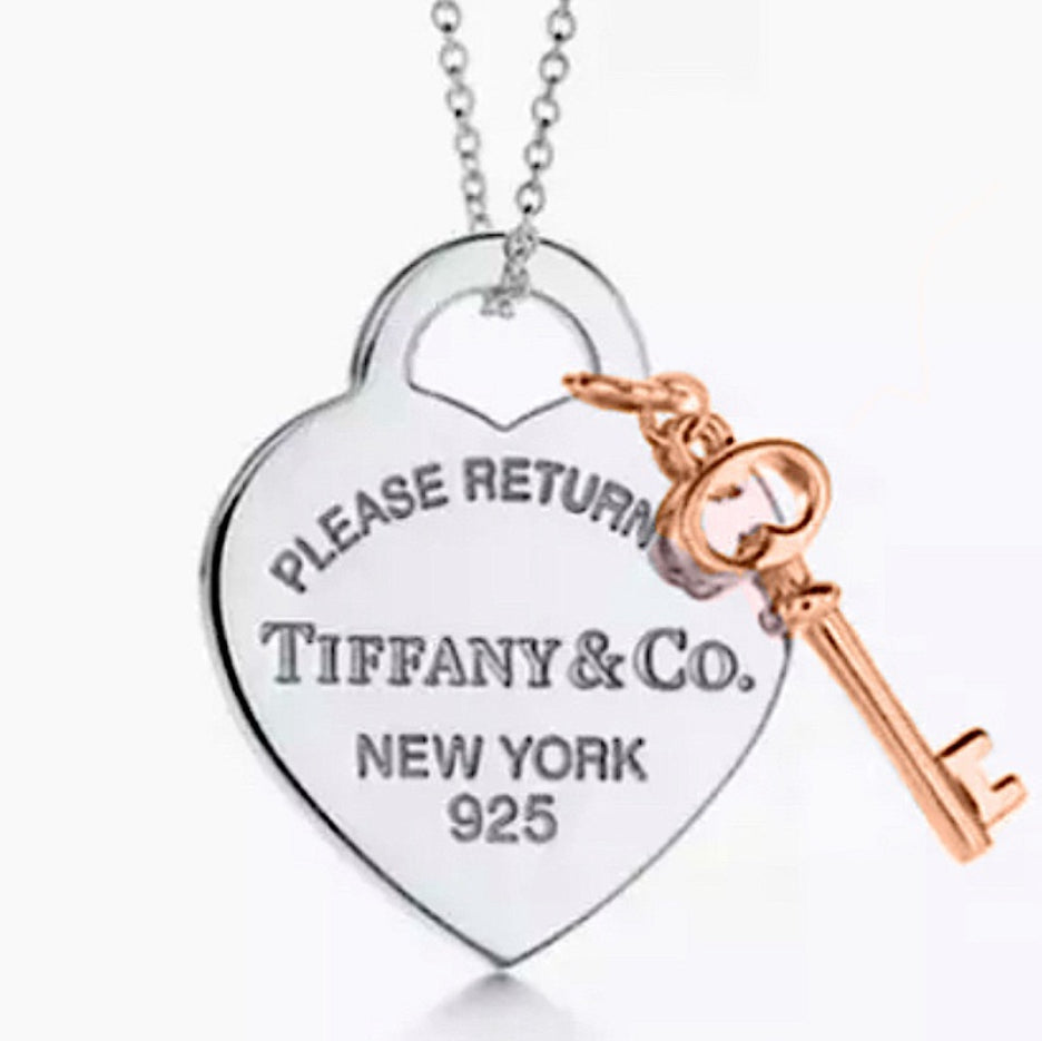 925 Silver and Rose-gold Heart Key Pendant Necklace
