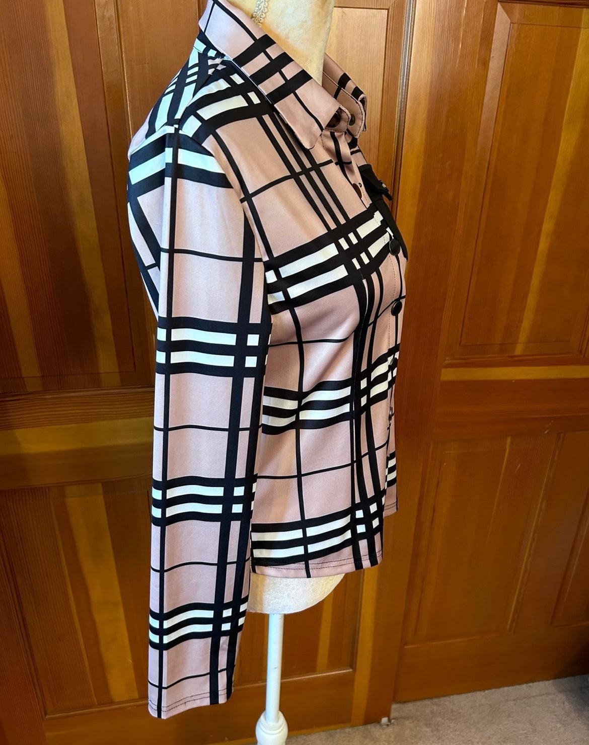 Designer Plaid Print Button Up Blouse.