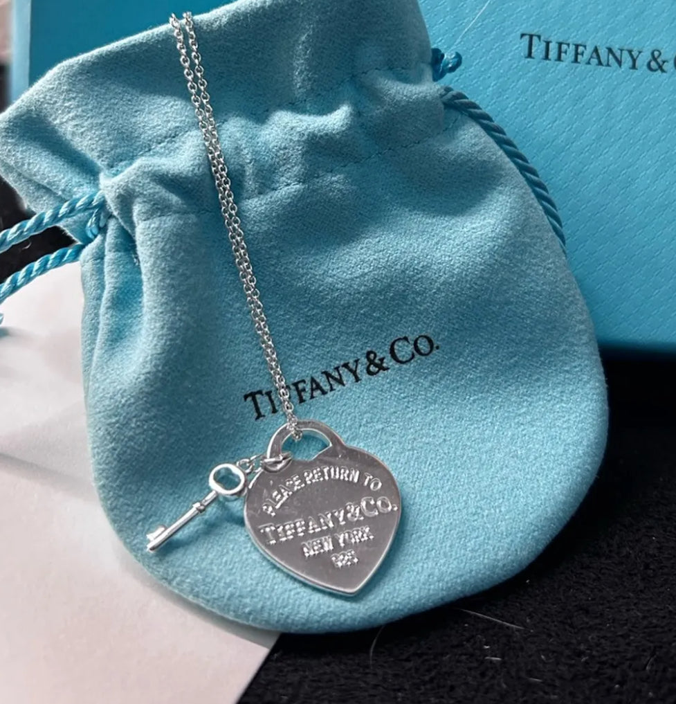 Silver Heart Stamped Pendant and Key Necklace