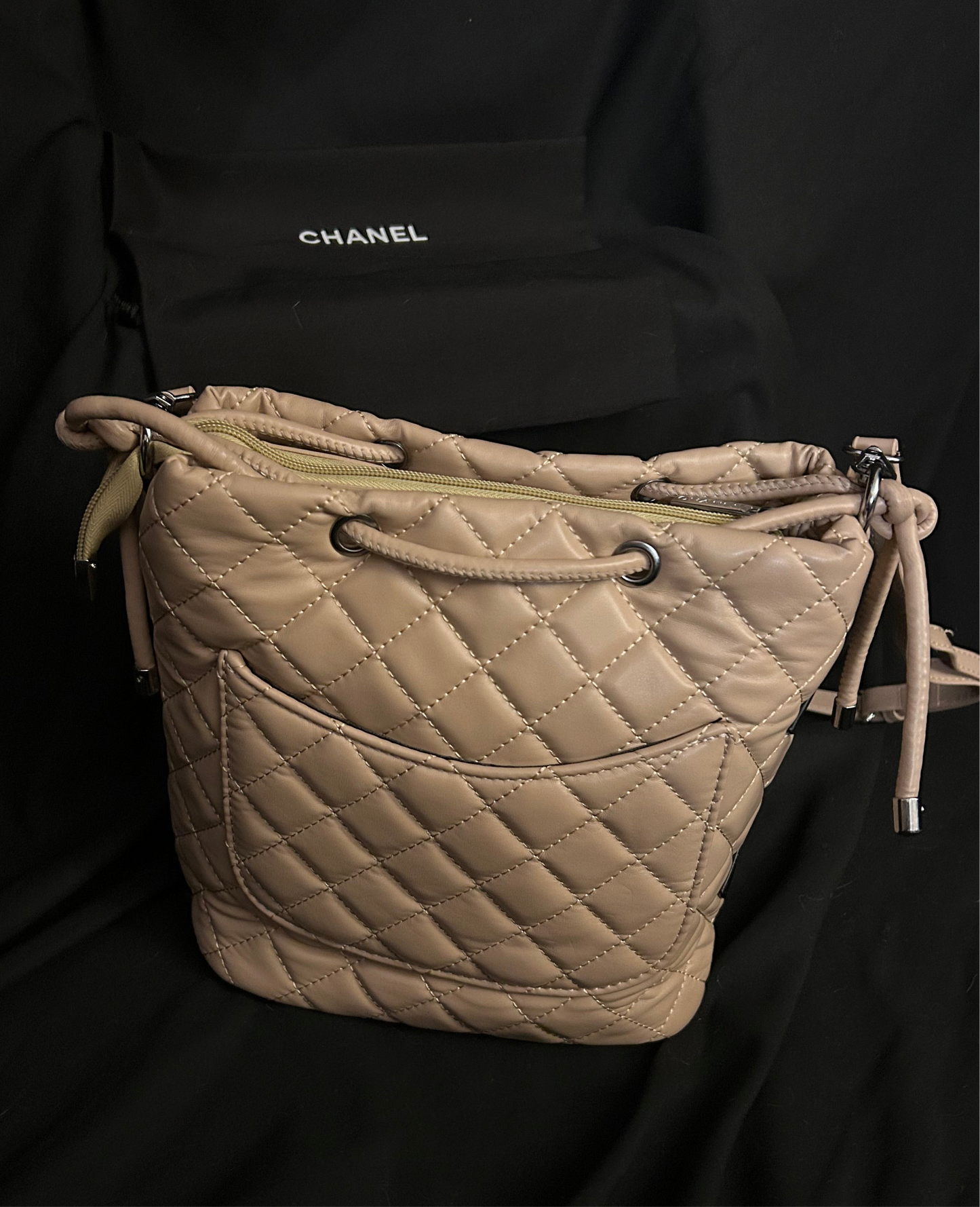 Beige Leather CC Logo Shoulder Bag/ Tote
