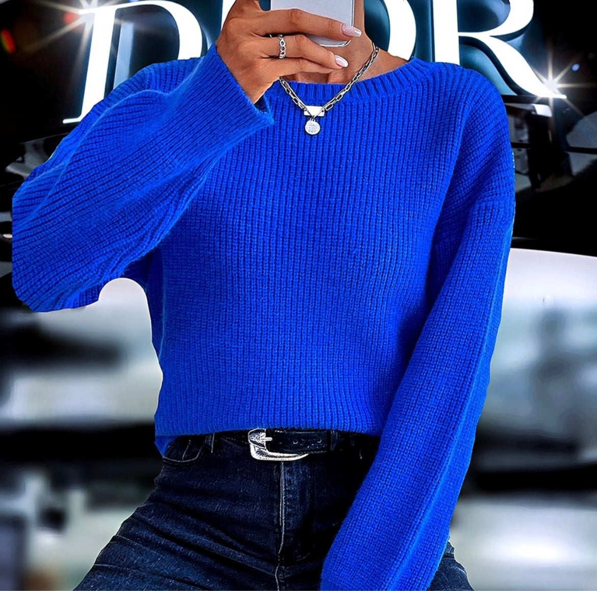 Royal Blue Drop Shoulder Ribbed knit Sweater
