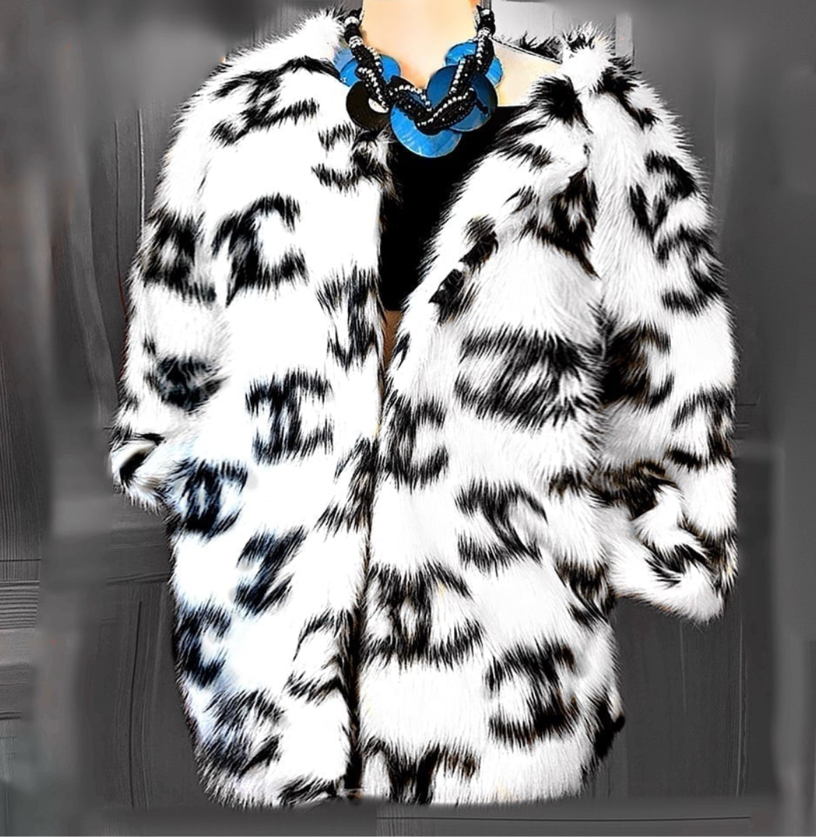 CC Salomon White and Black Faux Fur Designer Coat.