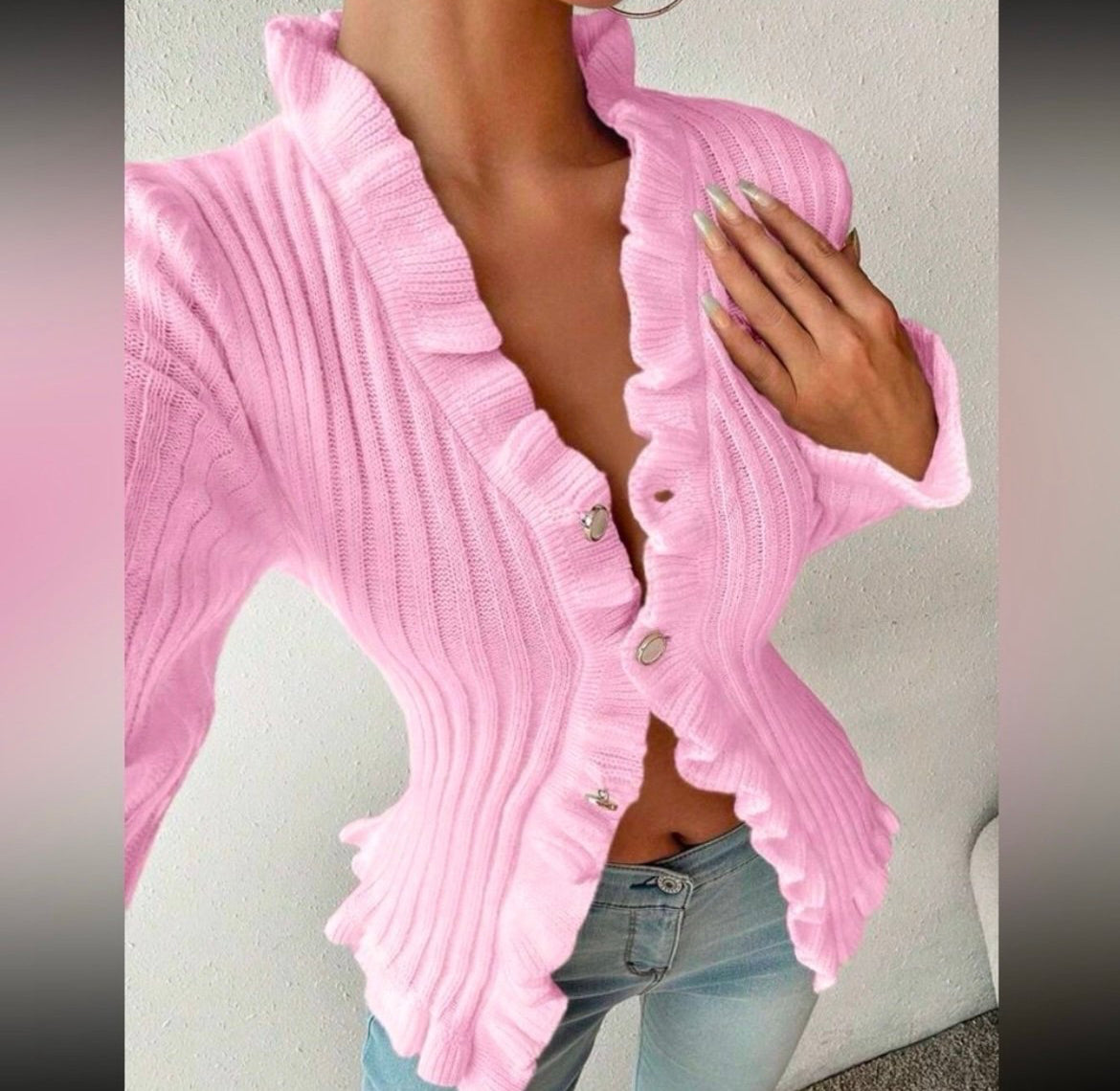 Ruffle Trim Baby Pink Button Up Sweater.