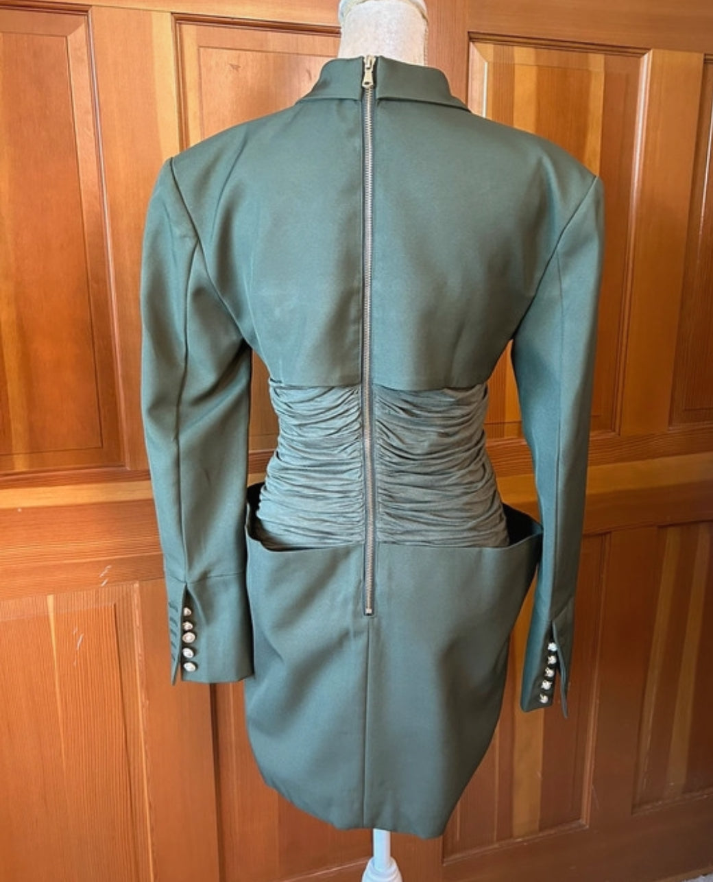 Rouched Designer Army Cape Mini Dress.