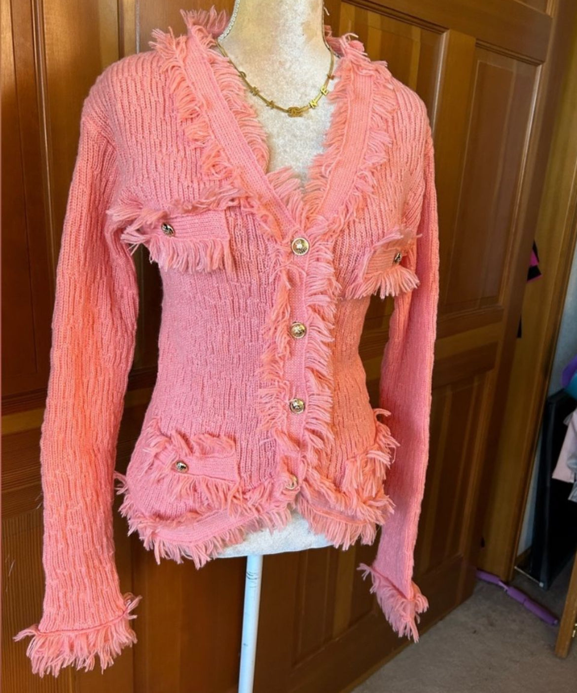 Coral Fringed Button Up Cardigan.