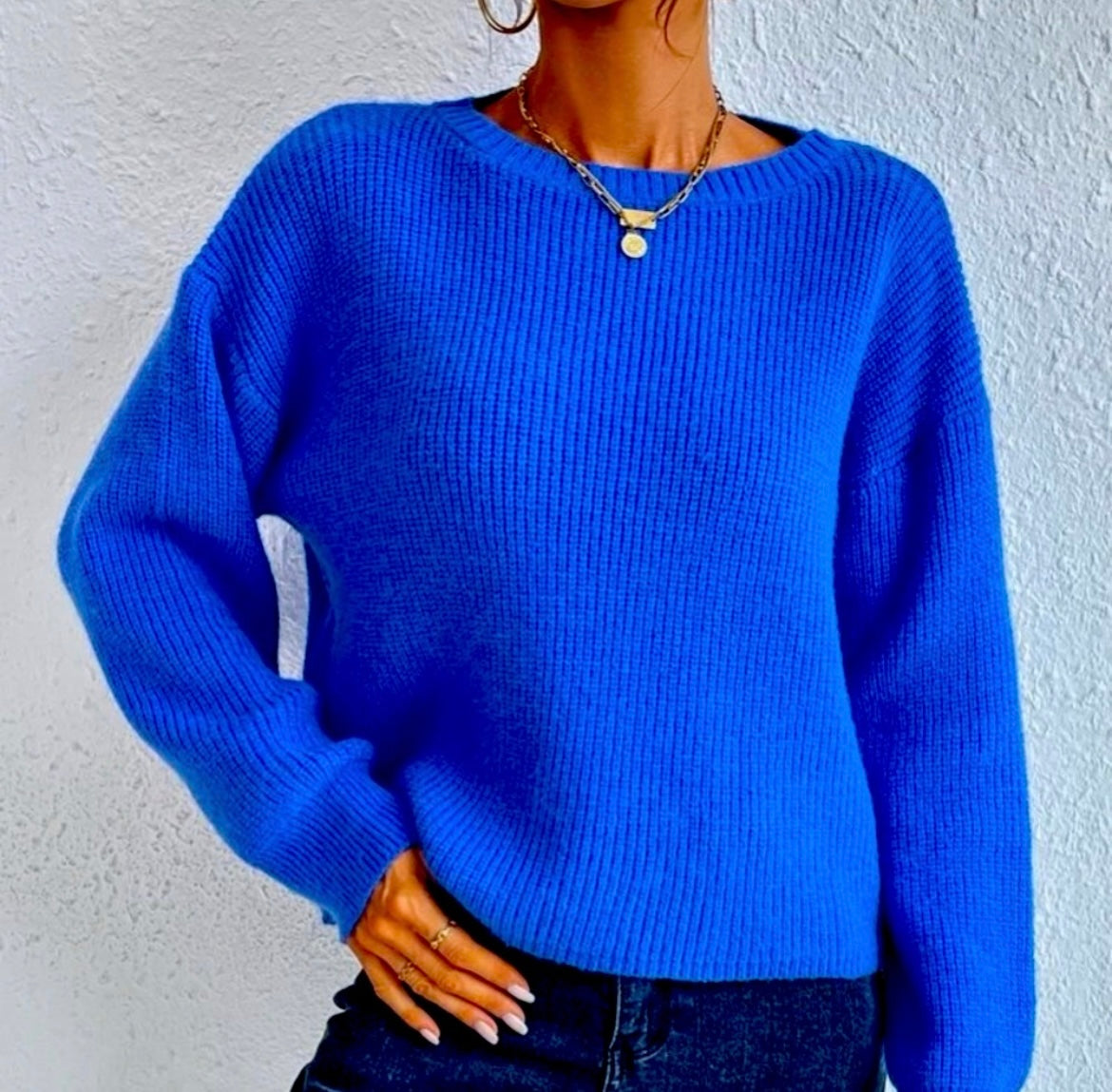 Royal Blue Drop Shoulder Ribbed knit Sweater
