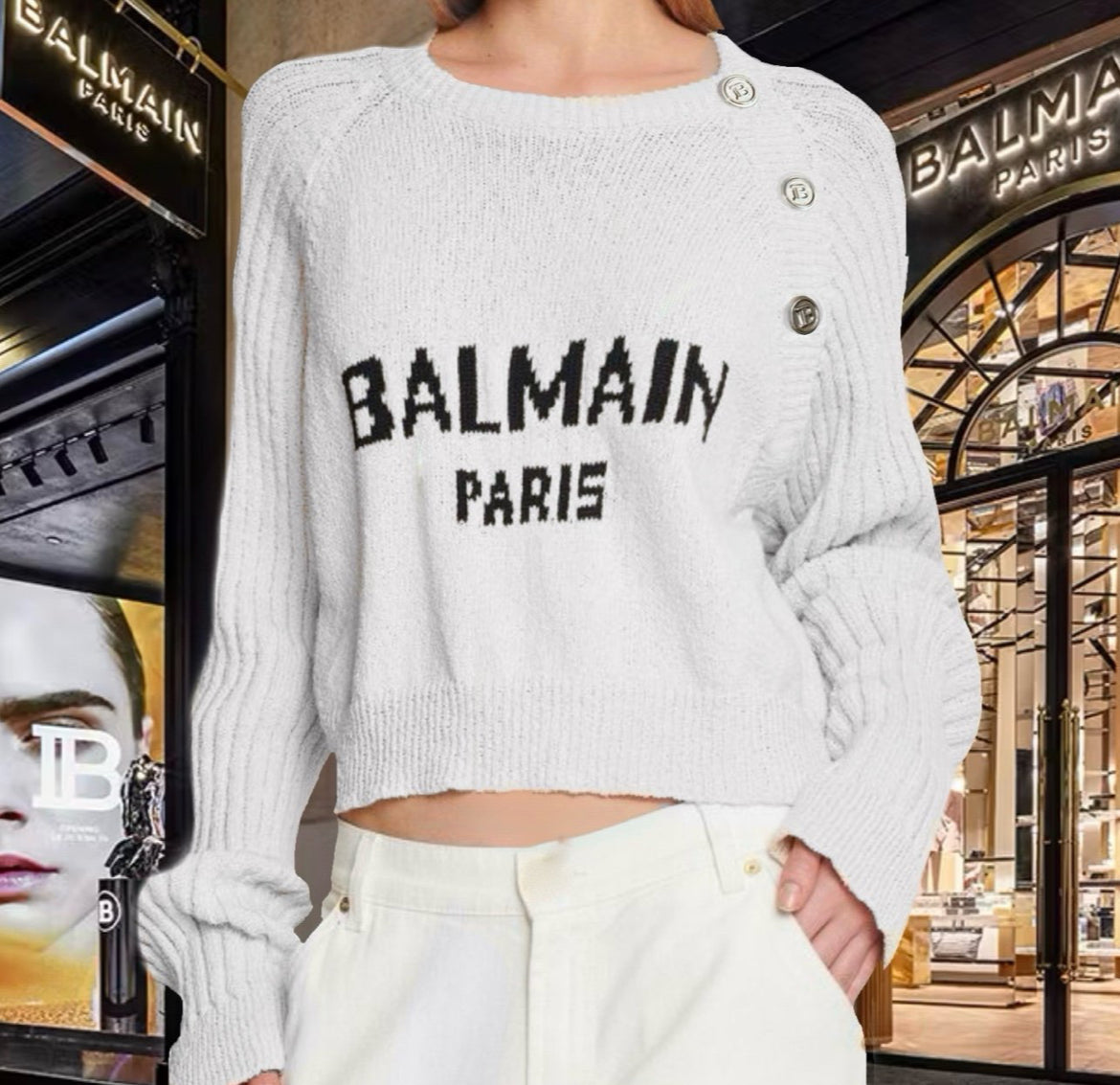 Balmain Cropped Knitted Pullover Sweater