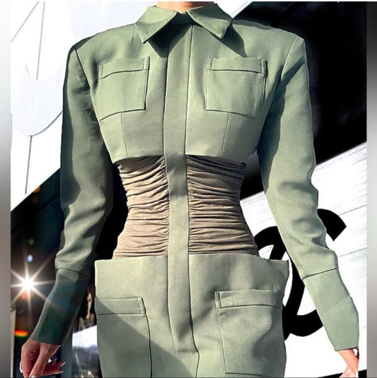 Rouched Designer Army Cape Mini Dress.