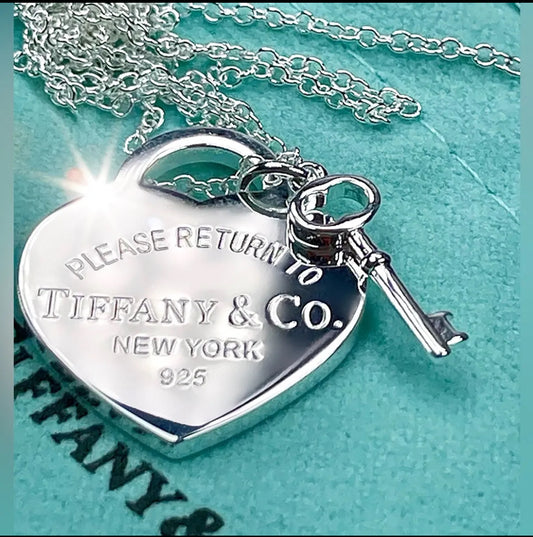 Silver Heart Stamped Pendant and Key Necklace