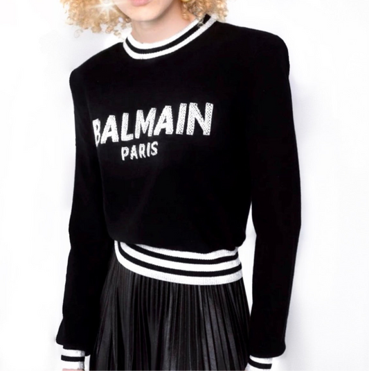 Black and White Intarsia-Knit Logo Jumper.