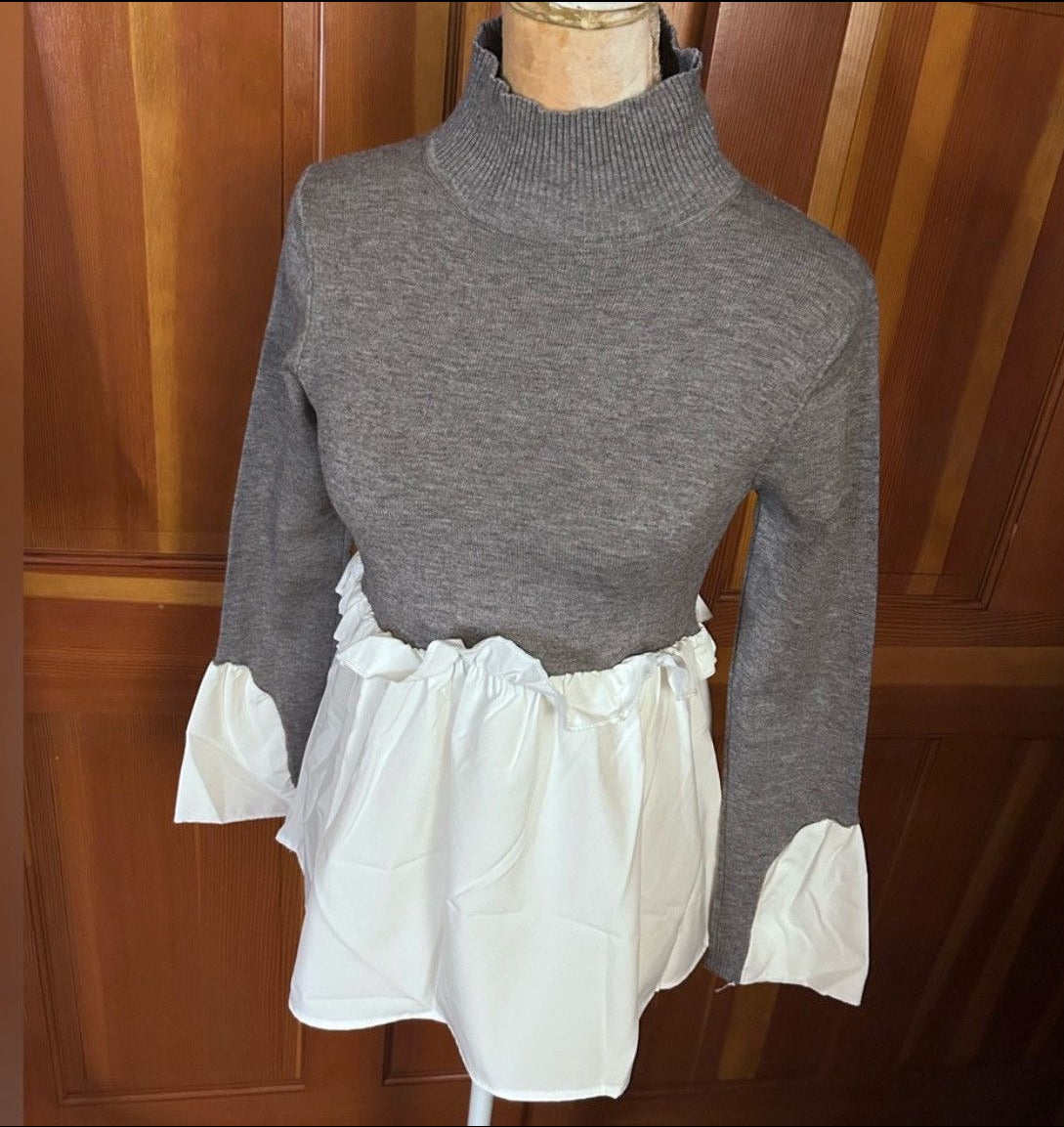 2 in 1 Layered Gray Look Crop Turtle Neck & Asymmetric Shirt.
