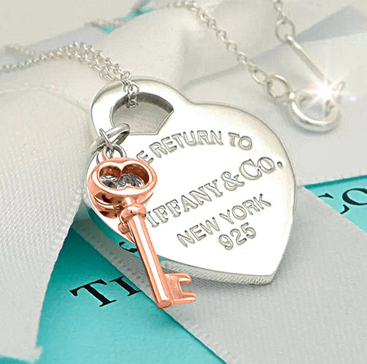 925 Silver and Rose-gold Heart Key Pendant Necklace