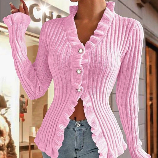 Ruffle Trim Baby Pink Button Up Sweater.