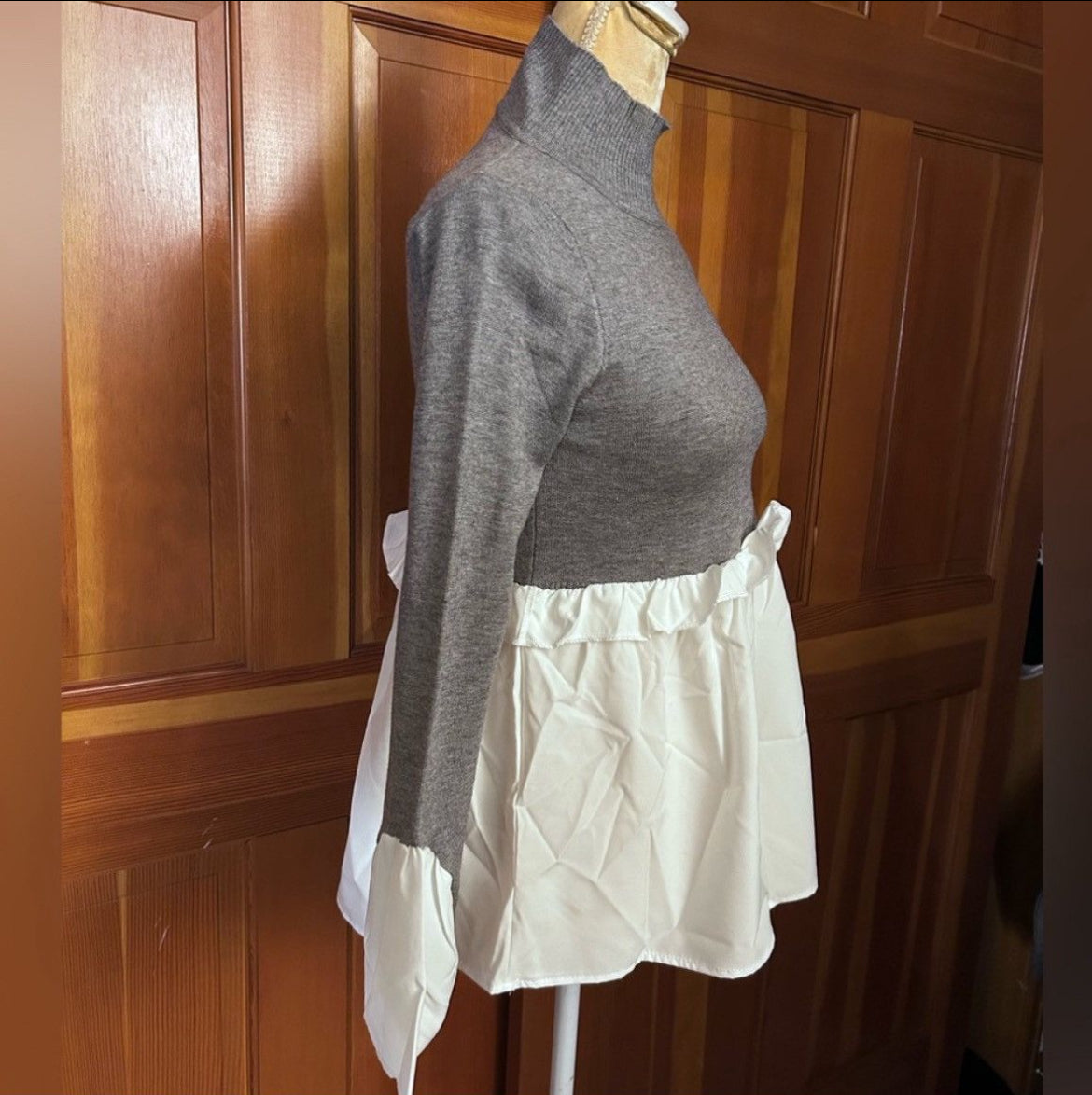 2 in 1 Layered Gray Look Crop Turtle Neck & Asymmetric Shirt.