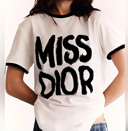 DIOR White Cotton Tee Miss Dior Graffiti Motif