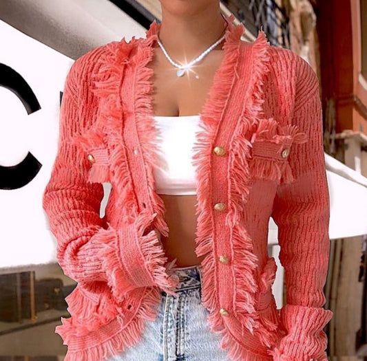 Coral Fringed Button Up Cardigan.