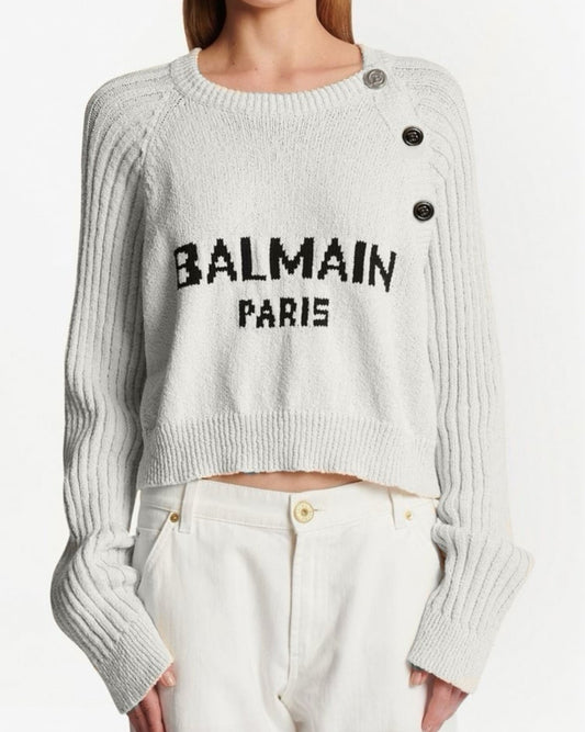 Balmain Cropped Knitted Pullover Sweater