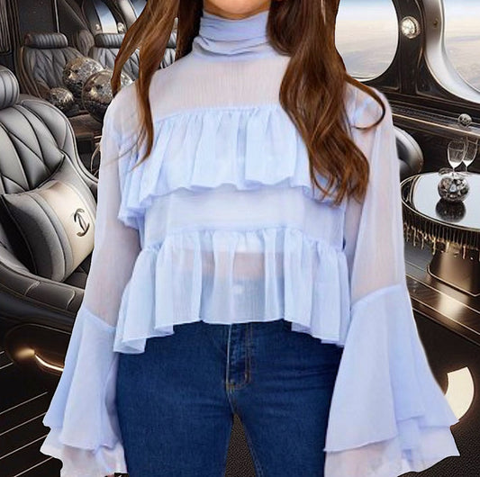 Chiffon Blue Exaggerated Ruffle Layer Blouse